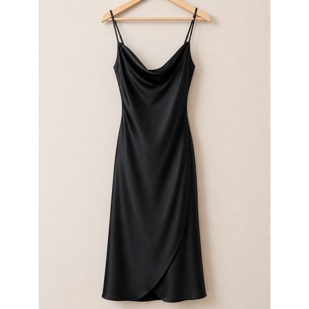 Wilfred Aritzia Satin Slip Midi Dress Womens 2XS Black Cowl Neck Bias Cut